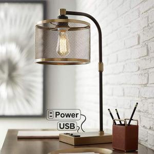 Brody Black and Brass Desk Lamp with USB and Outlet