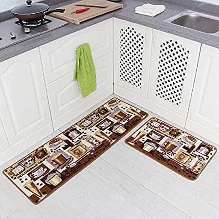 Carvapet 2 Pieces Non-Slip Kitchen Mat Rubber Backing Doormat Runner Rug Set, Cozinha Desig Navy Blue,15