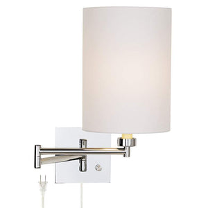 White Cotton Drum Shade Chrome Plug-In Swing Arm Wall Lamp