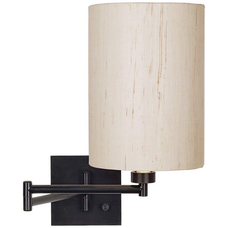 Dimmable Ivory Linen-Espresso Plug-In Swing Arm Wall Lamp