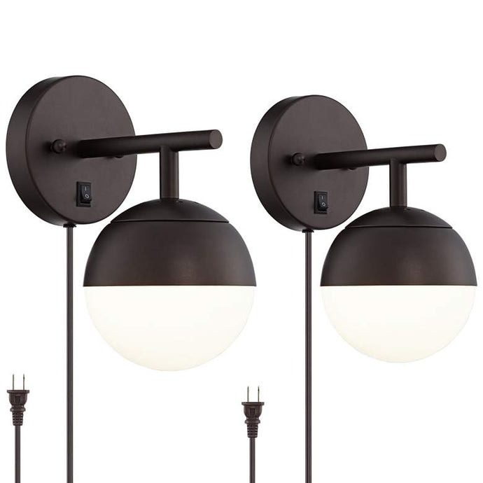 Luna Frosted Glass and Bronze Globe Plug-In Wall Lamps Set of 2