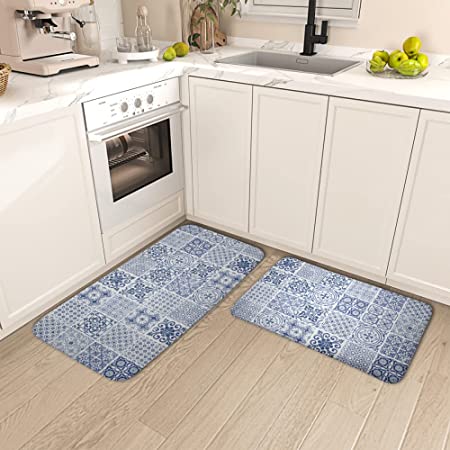 Anti Fatigue Kitchen Mats for Floor 2 Piece Set, Memory Foam Cushioned Rugs,  Comfort Standing Desk Mats for Office, Home, Laundry Room, Wate 