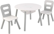 Wooden Round Table & 2 Chair Set with Center Mesh Storage, Kids Furniture, Gray & White ,Gift for Ages 3-6