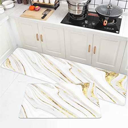 2 Pieces Modern Gold Washable Kitchen Runner Mats Non-slip Anti Fatigue  Kitchen Rug Set