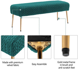 Quilt Velvet Bench Ottoman Comfortable Footrest Stool Table Bench Dining Bench Indoor Bench with Gold Metal Base for Entryway Dining Room Living Room Bedroom Atrovirens