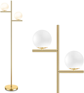 Mid Century Floor Lamp - 2 Globe Modern Standing Lamp with Foot Pedal, Frosted Glass Stand Up Lights