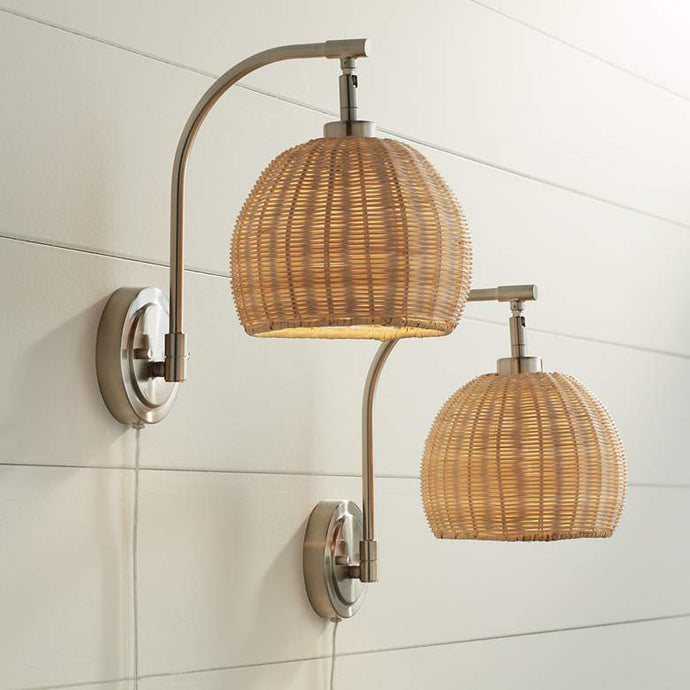 Jojo Brushed Nickel and Wicker Plug-In Wall Lamps Set of 2