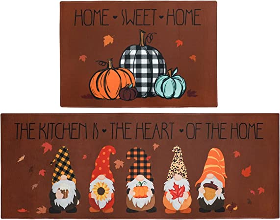 Ideasonna Fall Kitchen Mats for Floor 2 Piece Buffalo Plaid Kitchen Rug Hello Pumpkin Kitchen Mat Fall Thanksgiving Kitchen Rugs Home Holiday