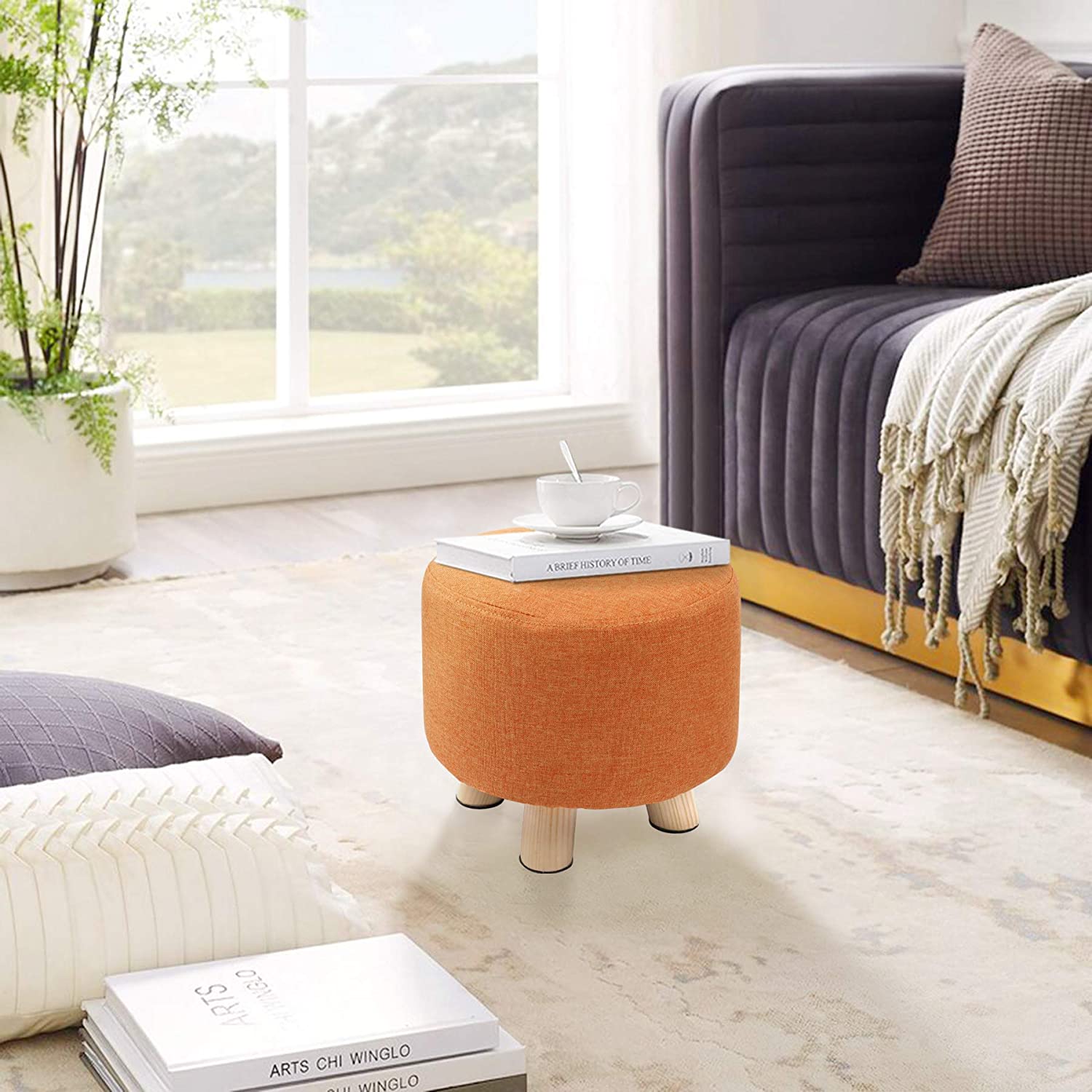 Round Ottoman Foot Rest Stool, Fabric Padded Seat with Non-Skid