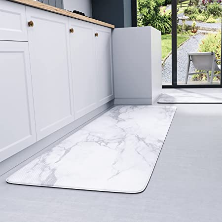 MAYHMYO Anti Fatigue Kitchen Mat - Set of 2 - Teal and Marble Design  Comfort Mats - Cushioned, Non Slip Floor Mat