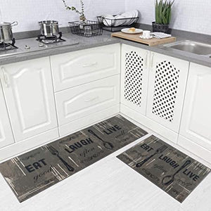 Carvapet 2 Pieces Kitchen Rug Set Non-Slip Backing Mat Throw Rug for Kitchen Doormat Runner Rug Set, Motto Design, Blackish/Dark Grey (17"x48"+17"x24")