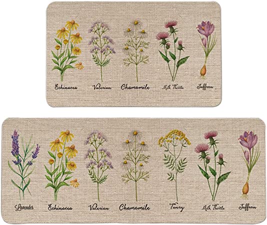 Floral Decorative Kitchen Mats Set of 2, Non-Slip Absorbent Rug Comfort Standing Runner Mats Washable Floor Mat Seasonal Mat for Kitchen - 17x29 and 17x47 Inch