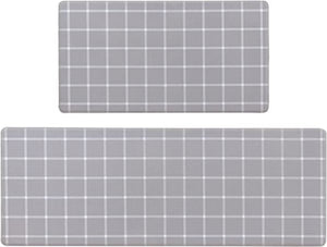 QUILTINA Kitchen Mats 2 PCS Kitchen Rugs Non Skid, 1/2 in Thick Cushioned Anti Fatigue Mats for Floor, Plaid Grey Kitchen Runner Rugs Water Proof & Stain Resistant 17.5''x30''+17.5''x47'', Grey Grid
