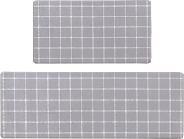QUILTINA Kitchen Mats 2 PCS Kitchen Rugs Non Skid, 1/2 in Thick Cushioned Anti Fatigue Mats for Floor, Plaid Grey Kitchen Runner Rugs Water Proof & Stain Resistant 17.5''x30''+17.5''x47'', Grey Grid
