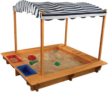 Outdoor Covered Wooden Sandbox with Bins and Striped Canvas Canopy, Navy & White