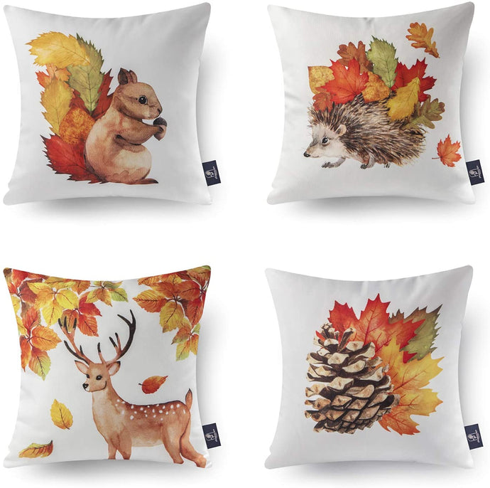 Fall Throw Pillow Cover Autumn Harvest Animals and Maple Leaves - Set of 4