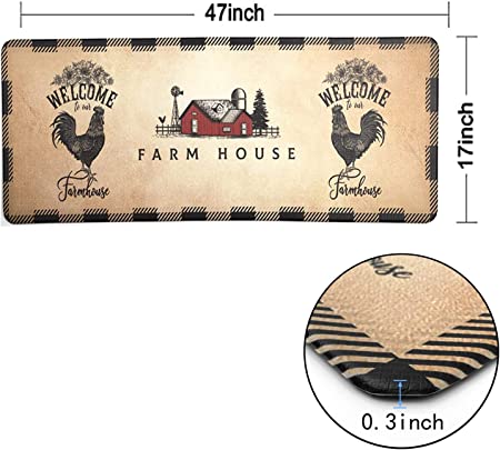 AQQA Kitchen Mat Set of 2 Farmhouse Anti Fatigue Floor Mat,Rooster Buffalo  Plaid Sunflower Kitchen Rug Sets PVC Leather Waterproof & Non-Slip Comfort