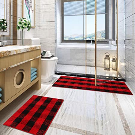Carvapet 2 Pieces Buffalo Plaid Check Rug Set Water Absorb Microfiber Non-Slip Kitchen Rug Bathroom Mat Checkered Doormat Carpet for Laundry 17