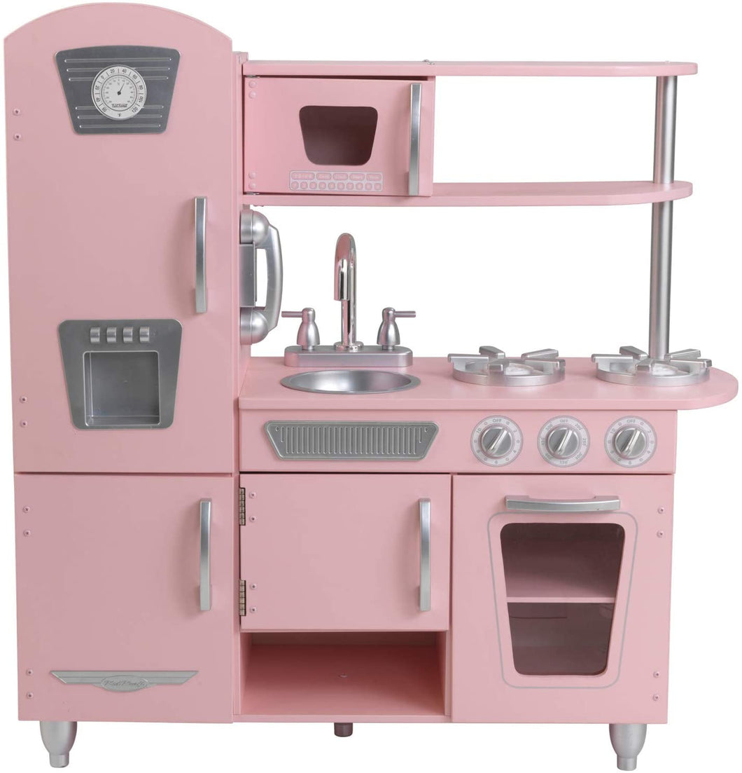 Vintage Wooden Play Kitchen with Pretend Ice Maker and Play Phone, Pink,