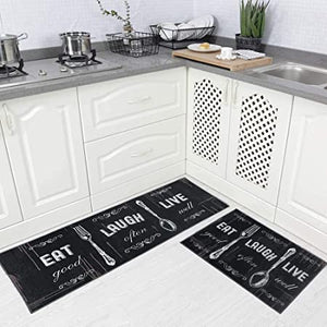 Carvapet 2 Pieces Kitchen Rug Set Non-Slip Backing Mat Throw Rug for Kitchen Doormat Runner Rug Set, Motto Design, Blackish/Dark Grey (17"x48"+17"x24")