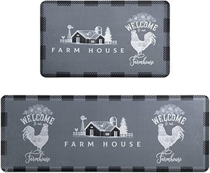 Farmhouse Kitchen Rugs Mat Set of 2 Buffalo Plaid Rooster Kitchen