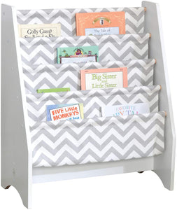 Wooden Sling Bookcase, Sturdy Canvas Fabric, Chevron Pattern- Gray & White