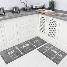 Carvapet 2 Pieces Kitchen Rug Set Non-Slip Backing Mat Throw Rug for Kitchen Doormat Runner Rug Set, Motto Design, Blackish/Dark Grey (17"x48"+17"x24")