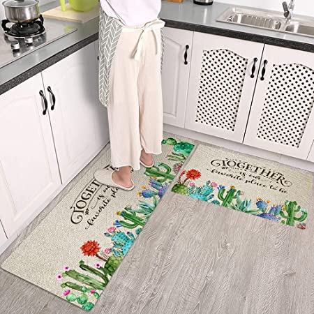 Colorful Star Cactus Kitchen Mats Cushioned Anti Fatigue 2 Pieces Set Kitchen Floor Rugs Non-Slip Leather Standing Mat L Shape Comfort Runner Rug for Laundry 17