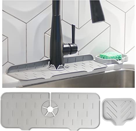 2 PCS Silicone Kitchen Faucet Mat and Soap Tray with Drain - Drip Tray with Drain