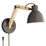 Euless Bronze and Wood Industrial Style Adjustable Plug-In Wall Lamp