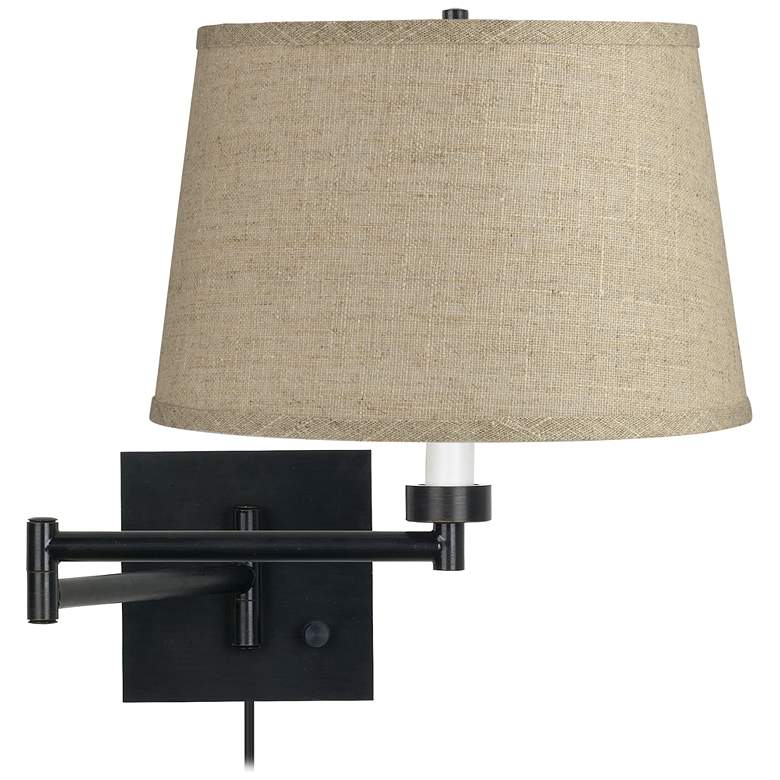 Espresso Black Burlap Drum Shade Plug-In Swing Arm Wall Lamp