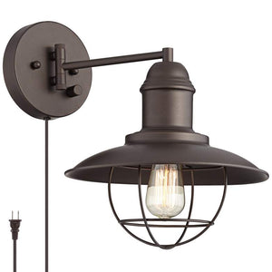 Amqui Bronze Cage Shade Plug-In Swing Arm Wall Lamp