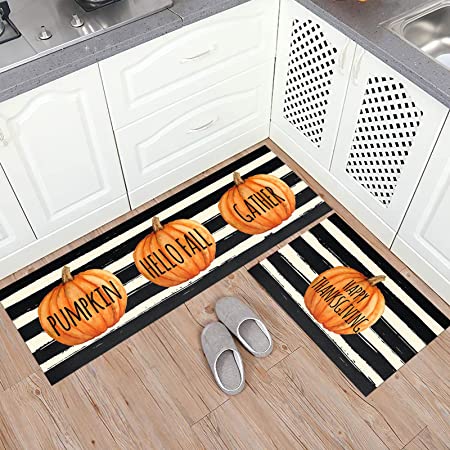 Fall Pumpkin Kitchen Mat Set of 2 Non Slip Thick Kitchen Rugs and Mats for Floor Comfort Standing Mats for Kitchen, Sink, Office, Laundry, 17