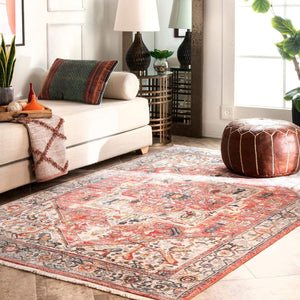 nuLOOM Ethel Medallion Fringe Area Rug,Orange