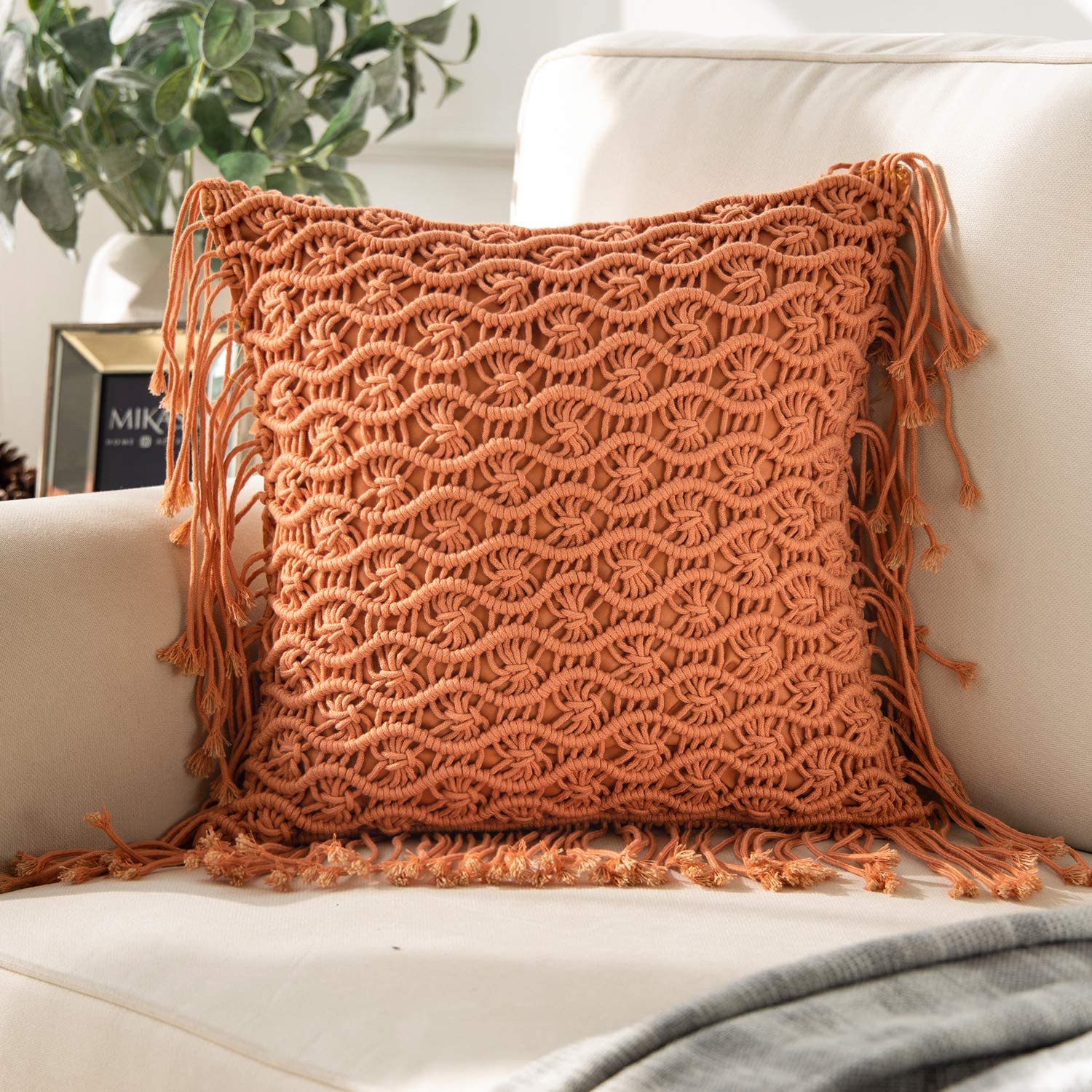 Handmade Crochet Woven Boho Throw Pillow with Tassels Cute
