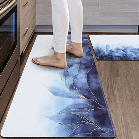 MAYHMYO Anti Fatigue Kitchen Mat - Set of 2 - Teal and Marble Design  Comfort Mats - Cushioned, Non Slip Floor Mat