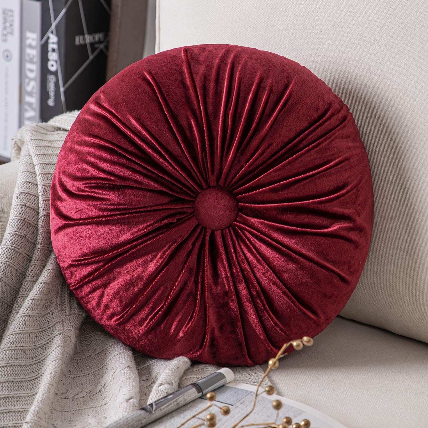 Velvet Pleated Round Pumpkin Throw Pillow Couch Cushion Floor Pillow for  Sofa Chair Bed
