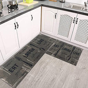 Carvapet 2 Pieces Kitchen Rug Set Non-Slip Backing Mat Throw Rug for Kitchen Doormat Runner Rug Set, Motto Design, Blackish/Dark Grey (17"x48"+17"x24")