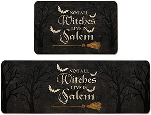 Bat Broom Kitchen Mats Set of 2, No All Witch Live in Salem Holiday Farmhouse Party Floor Mat for Home Kitchen Decorations - 17x27 and 17x47 Inch