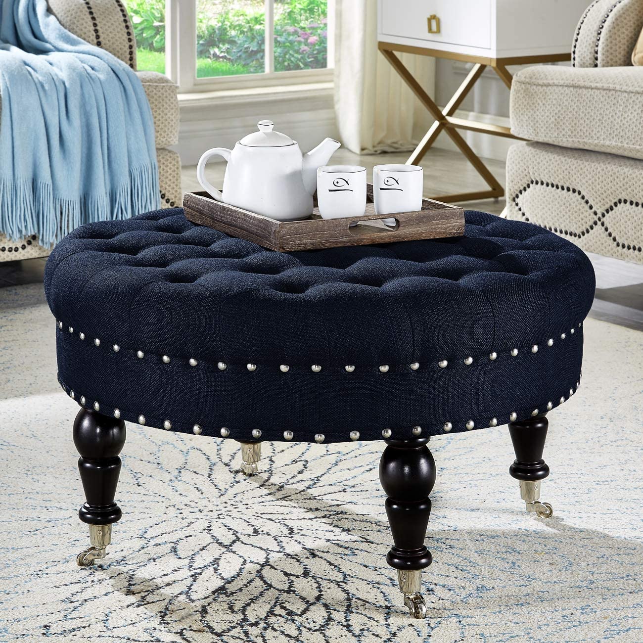 Tufted Button Linen Ottoman Coffee Table, Large Footrest with