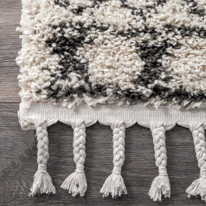 Moroccan Tribal Off White Grey Shag Soft Plush Area Rug