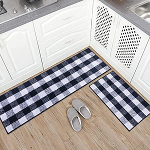 Carvapet 2 Pieces Buffalo Plaid Check Rug Set Water Absorb Microfiber Non-Slip Kitchen Rug Bathroom Mat Checkered Doormat Carpet for Laundry 17"x48"+17"x24", Black and White