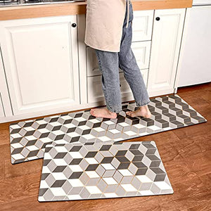 Fafish 2 PCS Kitchen Mats Set Cushioned Anti-Fatigue Kitchen Rugs Waterproof Non-Slip PVC Ergonomic Comfort Foam Floor Rug and Mat for Home, Office, Sink, Laundry,59"x17.7"+30"x17.7"（GreyGreen）