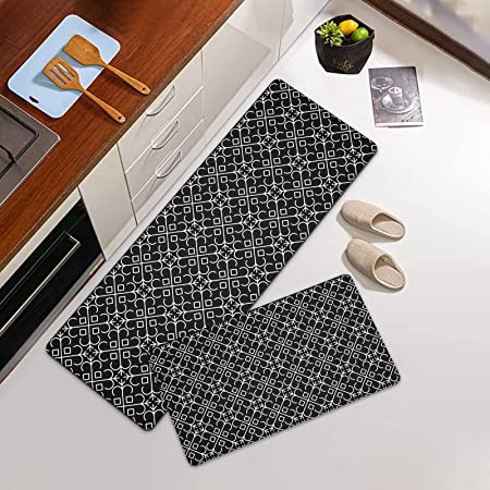2 Pieces Black and Gold Kitchen Runner Mats Non-slip Geometric
