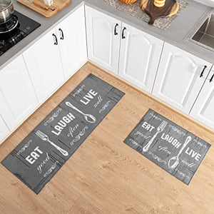 Carvapet 2 Pieces Kitchen Rug Set Non-Slip Backing Mat Throw Rug for Kitchen Doormat Runner Rug Set, Motto Design, Blackish/Dark Grey (17"x48"+17"x24")