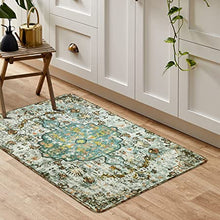 Bohemian Floral Medallion Area Rug - 2x3 Oriental Distressed Small Bath Rug Country Vintage Doormat Faux Wool Non-Slip Washable Low-Pile Carpet for Bathroom Kitchen Laundry Room Decor