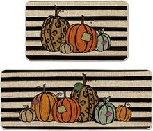 Atoid Mode Watercolor Stripes Pumpkin Decorative Kitchen Mats Set of 2, Home Seasonal Fall Holiday Party Autumn Harvest Thanksgiving Vintage Low-Profile Floor Mat - 17x29 and 17x47 Inch