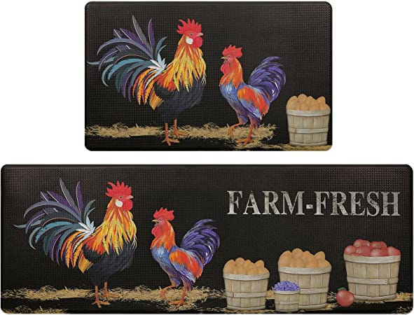 Linen Geometric Rooster Kitchen Rug Kitchen Mat Set of 2, Farmhouse Decor  for Kitchen Mats Cushioned Anti Fatigue 2 Piece Set and Chicken Kitchen Mat