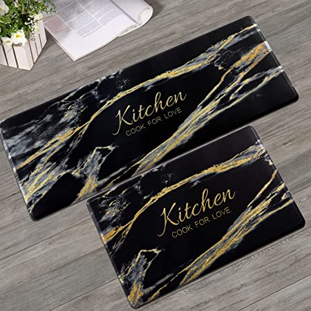 Carvapet Comfort Anti-Fatigue Kitchen Standing Desk Mat Waterproof Decorative Ergonomic Floor Pad Kitchen Rug, Black&Golden Marble Design 17
