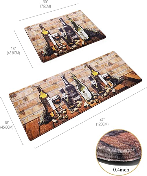 Pionism Wine Kitchen Mats for Floor, Farmhouse Kitchen Mats Cushioned Anti Fatigue 2 Piece Set, Memory Foam Kitchen Mat Set of 2 and Wine Kitchen Rugs and